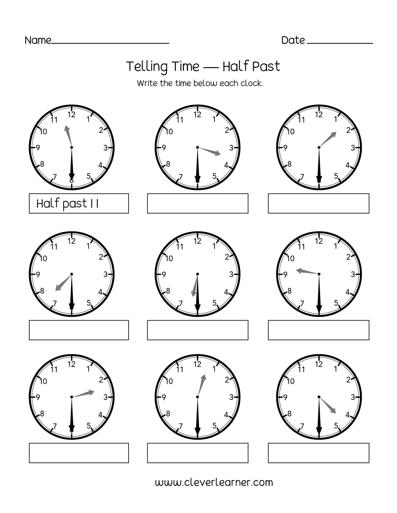 Telling time half past the hour worksheets for 1st and 2nd graders