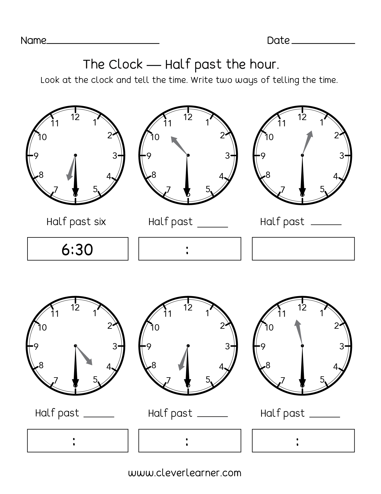 Free Telling Time To The Half Hour Worksheets