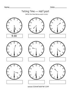 thirty past the hour worksheets for homeschools