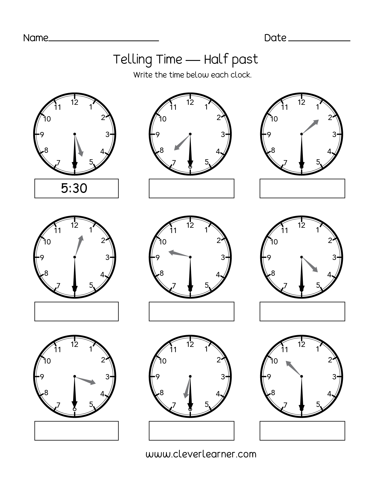 Telling Time Half Past The Hour Worksheets For 1st And 2nd Graders