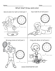 Telling time thirty minutes  past activity sheets