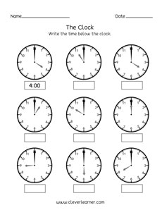 Reading the clock face to the hour worksheet