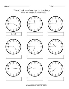 15 minutes to the hour worksheets for preschools