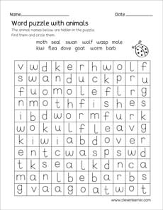 Free four-letter word puzzle worksheets for children